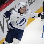 
              Tampa Bay Lightning left wing Ondrej Palat celebrates after scoring the go-ahead goal against the Colorado Avalanche during the third period of Game 5 of the NHL hockey Stanley Cup Final, Friday, June 24, 2022, in Denver. (AP Photo/David Zalubowski)
            
