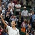 
              France's Harmony Tan celebrates after beating Serena Williams of the US in a first round women's singles match on day two of the Wimbledon tennis championships in London, Tuesday, June 28, 2022. (AP Photo/Alberto Pezzali)
            