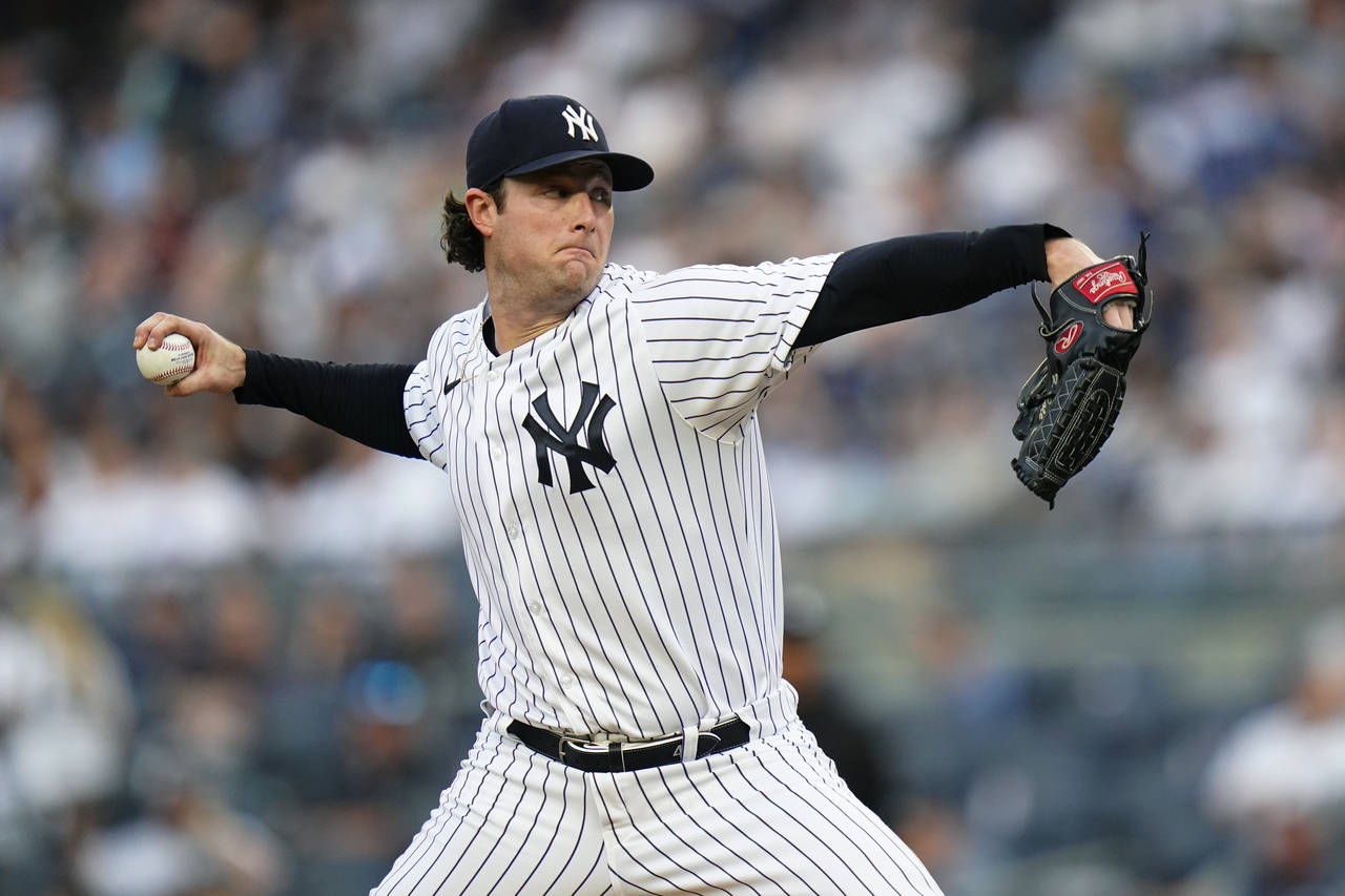 New York Yankees' Gerrit Cole pitches during the first inning of the team's baseball game against t...