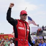 
              Will Power celebrates winning the IndyCar Detroit Grand Prix auto race on Belle Isle in Detroit, Sunday, June 5, 2022. (AP Photo/Paul Sancya)
            