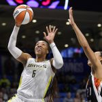 
              Dallas Wings forward Kayla Thornton (6) goes to the basket at Phoenix Mercury's Brianna Turner, right, defends during the first half of a WNBA basketball game Friday, June 17, 2022, in Arlington, Texas. (AP Photo/Tony Gutierrez)
            