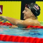 
              Katie Ledecky of United States celebrates after finishing first in the women's 400m freestyle final at the 19th FINA World Championships in Budapest, Hungary, Saturday, June 18, 2022. (AP Photo/Petr David Josek)
            