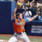 
              Florida's Natalie Lugo (10) pitches in the fifth inning of an NCAA softball Women's College World Series game against UCLA on Sunday, June 5, 2022, in Oklahoma City. (AP Photo/Alonzo Adams)
            