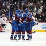 
              Colorado Avalanche palyers celebrate a goal against the Edmonton Oilers during the second period in Game 2 of the NHL hockey Stanley Cup playoffs Western Conference finals Thursday, June 2, 2022, in Denver. (AP Photo/Jack Dempsey)
            