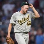 
              Oakland Athletics pitcher Jared Koenig adjusts his cap as he leaves the field after being removed during the fifth inning of the team's baseball game against the Atlanta Braves on Wednesday, June 8, 2022, in Atlanta. (AP Photo/John Bazemore)
            