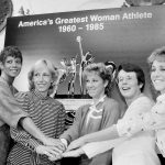 
              FILE - Nominated for the title of greatest U.S. woman athlete of the past 25 years in an election sponsored by the Women's Sports Foundation, five stars, from left, Wilma Rudolph, Martina Navratilova, Chris Evert Lloyd, Billie Jean King and Mary Decker, get together in New York, Sept. 10, 1984. (AP Photo/Marty Lederhandler, File)
            