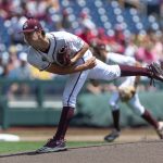 
              Texas A&M starting pitcher Nathan Dettmer (35) throws a pitch against Oklahoma in the first inning during an NCAA College World Series baseball game Friday, June 17, 2022, in Omaha, Neb. (AP Photo/John Peterson)
            