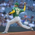 
              Oakland Athletics starting pitcher Adrian Martinez works against the Seattle Mariners during the first inning of a baseball game, Thursday, June 30, 2022, in Seattle. (AP Photo/John Froschauer)
            