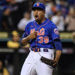 
              New York Mets relief pitcher Edwin Diaz (39) celebrates after the team's baseball game against the Milwaukee Brewers on Thursday, June 16, 2022, in New York. The Mets won 5-4. (AP Photo/Frank Franklin II)
            
