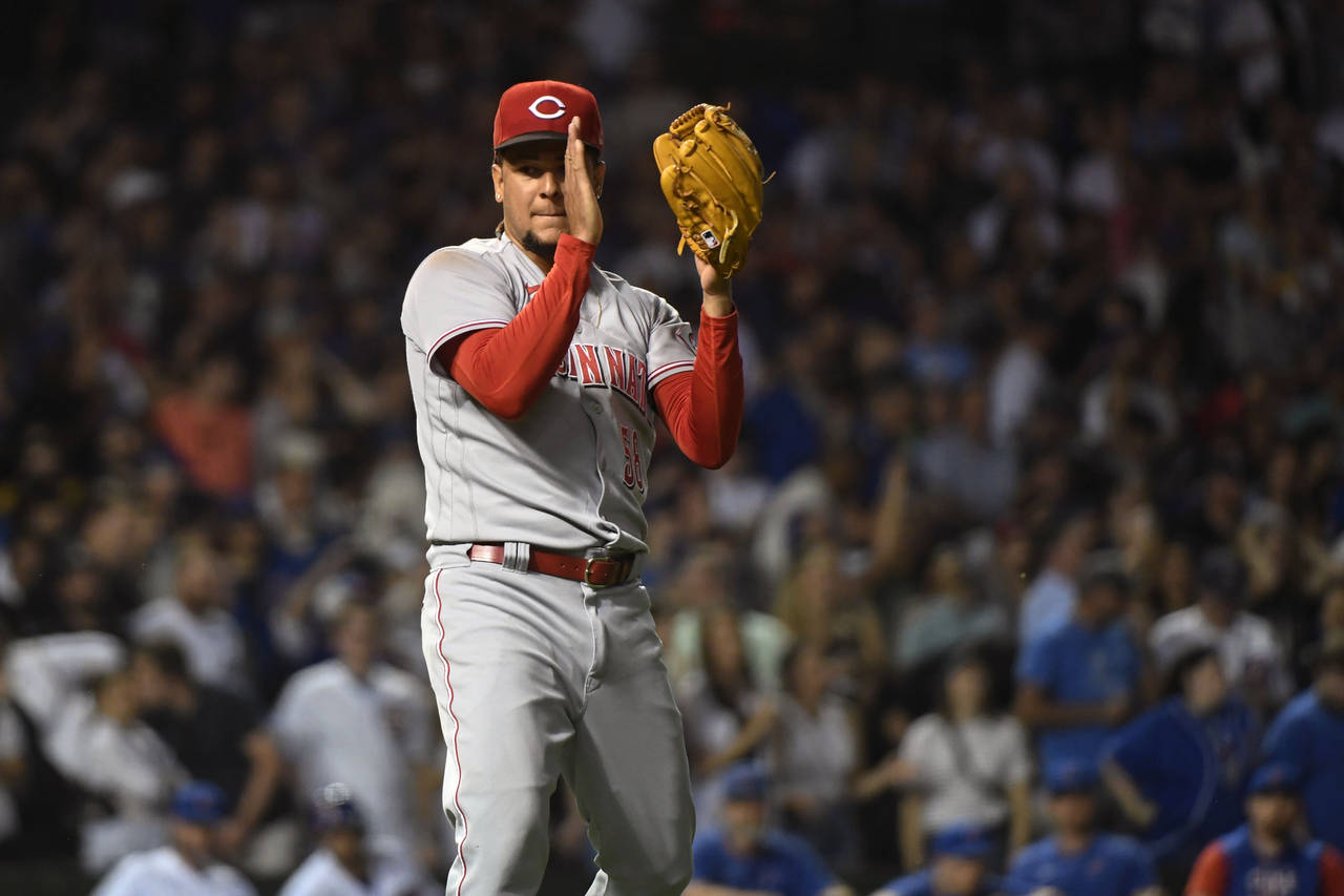 Cincinnati Reds starting pitcher Luis Castillo (58) reacts after closing out the sixth inning of a ...