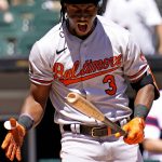 
              Baltimore Orioles' Jorge Mateo reacts after hitting a foul ball during the third inning of a baseball game against the Chicago White Sox in Chicago, Sunday, June 26, 2022. (AP Photo/Nam Y. Huh)
            