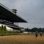 
              Horses train at daybreak before the 154th running of the Belmont Stakes horse race, Wednesday, June 8, 2022, in Elmont, N.Y. (AP Photo/John Minchillo)
            