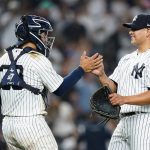 
              New York Yankees relief pitcher Manny Banuelos, right, celebrates with catcher Jose Trevino after the team's 13-0 win in a baseball game against the Detroit Tigers on Friday, June 3, 2022, in New York. (AP Photo/Frank Franklin II)
            