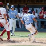 
              North Carolina's Tomas Frick (52) scores a run on a wide pitch by Arkansas' Brady Tygart (25) in the seventh inning during an NCAA college super regional baseball game in Chapel Hill, N.C., Sunday, June 12, 2022. (AP Photo/Karl B DeBlaker)
            