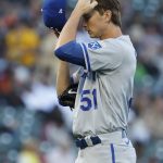 
              Kansas City Royals starting pitcher Brady Singer reacts after walking in a run in the third inning of a baseball game against the San Francisco Giants in San Francisco, Monday, June 13, 2022. (AP Photo/Josie Lepe)
            