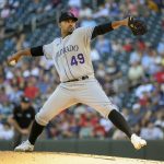 
              Colorado Rockies pitcher Antonio Senzatela throws against the Minnesota Twins during the first inning of a baseball game, Saturday, June 25, 2022, in Minneapolis. (AP Photo/Craig Lassig)
            