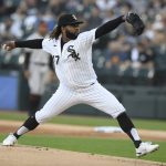 
              Chicago White Sox starter Johnny Cueto delivers a pitch during the first inning of the team's baseball game against the Baltimore Orioles on Thursday, June 23, 2022, in Chicago. (AP Photo/Paul Beaty)
            