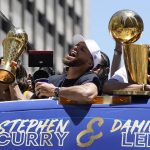 
              Stephen Curry and Damion Lee, right, ride in the Golden State Warriors NBA championship parade in San Francisco, Monday, June 20, 2022. (AP Photo/Eric Risberg)
            