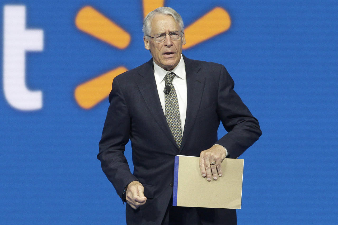 FILE - Walmart Chairman Rob Walton speaks at the company shareholders meeting in Fayetteville, Ark....