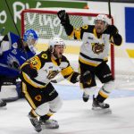 
              Hamilton Bulldogs' Mason McTavish, left, and Avery Hayes celebrate a against the Saint John Sea Dogs during the first period of a Memorial Cup hockey game Wednesday, June 29, 2022, in Saint John, New Brunswick. (Ron Ward/The Canadian Press via AP)
            