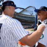 LOS ANGELES, CALIFORNIA - JULY 18: American League All-Stars Giancarlo Stanton #27 of the New York Yankees (L) and Julio Rodrigue #44 of the Seattle Mariners talk during the 2022 Gatorade All-Star Workout Day at Dodger Stadium on July 18, 2022 in Los Angeles, California. (Photo by Kevork Djansezian/Getty Images)