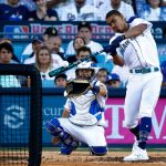 LOS ANGELES, CALIFORNIA - JULY 18: American League All-Star Julio Rodriguez #44 of the Seattle Mariners competes during the 2022 T-Mobile Home Run Derby at Dodger Stadium on July 18, 2022 in Los Angeles, California. (Photo by Ronald Martinez/Getty Images)
