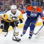 EDMONTON, AB - MARCH 10:  Jordan Eberle #14 of the Edmonton Oilers pursues Justin Schultz #4 of the Pittsburgh Penguins on March 10, 2017 at Rogers Place in Edmonton, Alberta, Canada. (Photo by Codie McLachlan/Getty Images)