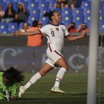 
              United States' Mallory Pugh celebrates scoring her side's 2nd goal against Costa Rica during a CONCACAF Women's Championship soccer semifinal match in Monterrey, Mexico, Thursday, July 14, 2022. (AP Photo/Fernando Llano)
            