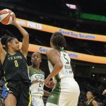 
              Dallas Wings forward Satou Sabally (0) grabs a rebound against the Seattle Storm during the first half of a WNBA basketball game, Tuesday, July 12, 2022 in Seattle. (AP Photo/Ted S. Warren)
            