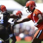
              Cleveland Browns quarterback Deshaun Watson, right, hands off to running back Nick Chubb during an NFL football practice in Berea, Ohio, Saturday, July 30, 2022. (AP Photo/David Dermer)
            