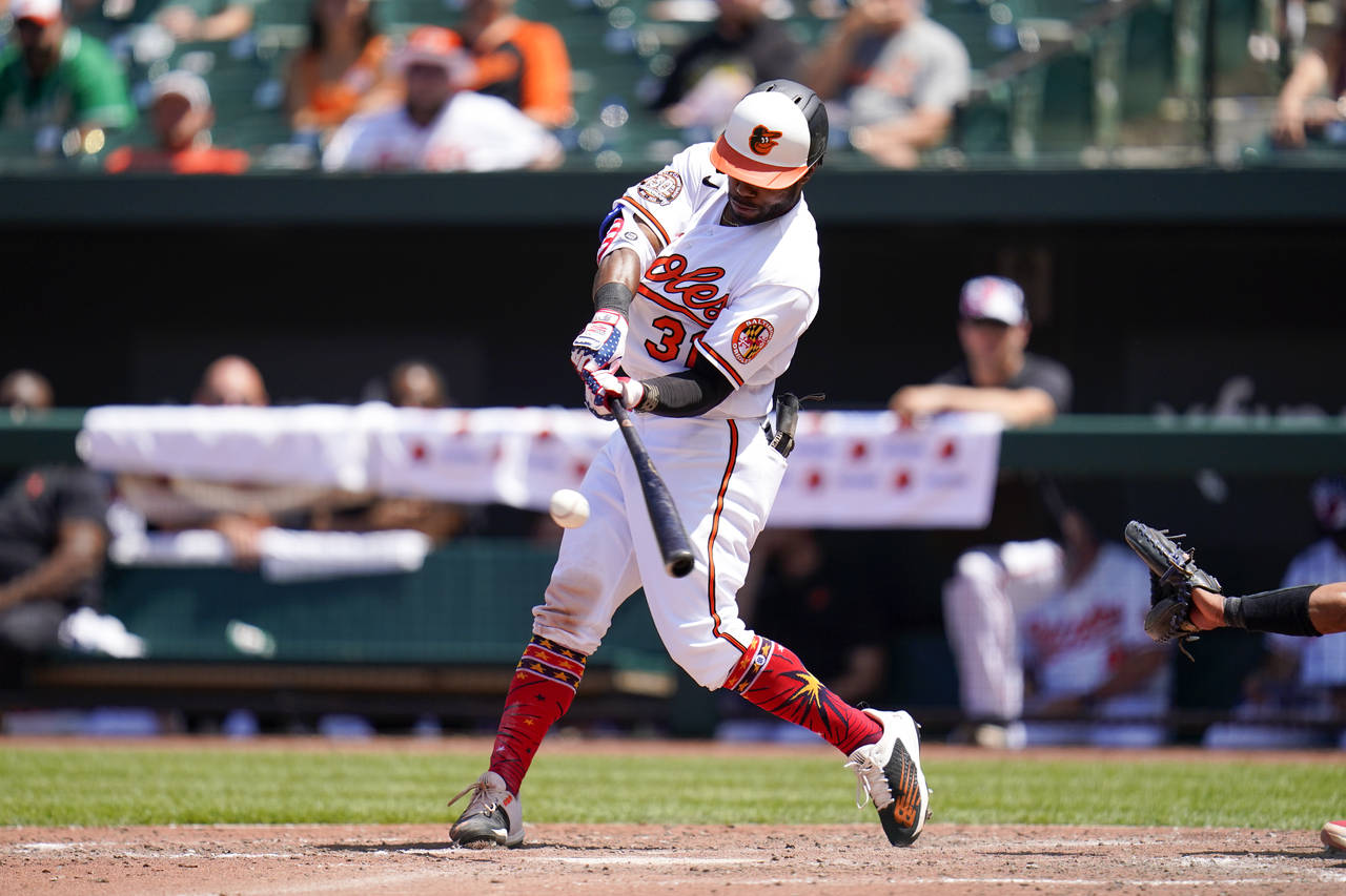 Baltimore Orioles' Cedric Mullins connects for a solo home run against the Texas Rangers during the...