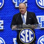 
              Kentucky head coach Mark Stoops speaks during NCAA college football Southeastern Conference Media Days, Wednesday, July 20, 2022, in Atlanta. (AP Photo/John Bazemore)
            