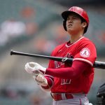 
              Los Angeles Angels designated hitter Shohei Ohtani during an at bat in the fourth inning of a baseball game against the Baltimore Orioles, Sunday, July 10, 2022, in Baltimore. (AP Photo/Julio Cortez)
            