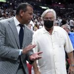 
              FILE - Former MLB player Alex Rodriguez applauds with Micky Arison, owner of the Miami Heat, before Game 1 of an NBA basketball Eastern Conference finals playoff series against the Boston Celtics, Tuesday, May 17, 2022, in Miami. Minnesota Timberwolves owner Alex Rodriguez said on Wednesday, July 13, 2022, the moves the team has made this summer left him even more bullish on the team's future.(AP Photo/Lynne Sladky, File)
            