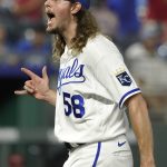 
              Kansas City Royals relief pitcher Scott Barlow celebrates a win over the Tampa Bay Rays in a baseball game Saturday, July 23, 2022, in Kansas City, Mo. (AP Photo/Ed Zurga)
            