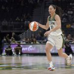 
              Seattle Storm guard Sue Bird dribbles the ball against the Dallas Wings during the first half of a WNBA basketball game, Tuesday, July 12, 2022 in Seattle. (AP Photo/Ted S. Warren)
            