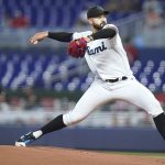 
              Miami Marlins starting pitcher Pablo Lopez throws during the first inning of a baseball game against the Pittsburgh Pirates, Wednesday, July 13, 2022, in Miami. (AP Photo/Lynne Sladky)
            