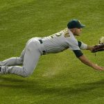 
              Oakland Athletics right fielder Ramon Laureano is unable to reach a two-run single by Texas Rangers' Brad Miller in the first inning of a baseball game, Wednesday, July 13, 2022, in Arlington, Texas. Miller was thrown out at second attempting to advance on the hit. (AP Photo/Tony Gutierrez)
            