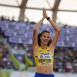 
              Yaroslava Mahuchikh, of Ukraine, celebrates after the women's high jump final at the World Athletics Championships on Tuesday, July 19, 2022, in Eugene, Ore.(AP Photo/Charlie Riedel)
            