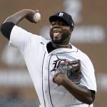 
              Detroit Tigers pitcher Michael Pineda throws against the Kansas City Royals in the first inning of a baseball game in Detroit, Friday, July 1, 2022. (AP Photo/Paul Sancya)
            