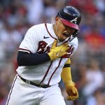 
              Atlanta Braves' William Contreras celebrates his two-home run against the St. Louis Cardinals during the first inning of a baseball game Tuesday, July 5, 2022, in Atlanta. (Curtis Compton/Atlanta Journal-Constitution via AP)
            