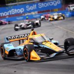 
              Felix Rosenqvist, of Sweden, races to a third place finish during an IndyCar auto race in Toronto, Sunday, July 17, 2022. (Mark Blinch/The Canadian Press via AP)
            