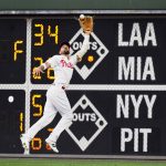 
              Philadelphia Phillies right fielder Nick Castellanos catches a fly out by Washington Nationals' Lane Thomas during the third inning of a baseball game, Tuesday, July 5, 2022, in Philadelphia. (AP Photo/Matt Slocum)
            