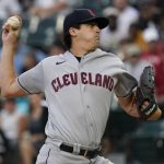 
              Cleveland Guardians starting pitcher Cal Quantrill throws against the Chicago White Sox during the first inning of a baseball game in Chicago, Friday, July 22, 2022. (AP Photo/Nam Y. Huh)
            