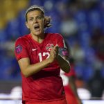 
              Canada's Christine Sinclair reacts during a CONCACAF Women's Championship soccer semifinal match against Jamaica in Monterrey, Mexico, Thursday, July 14, 2022. (AP Photo/Fernando Llano)
            