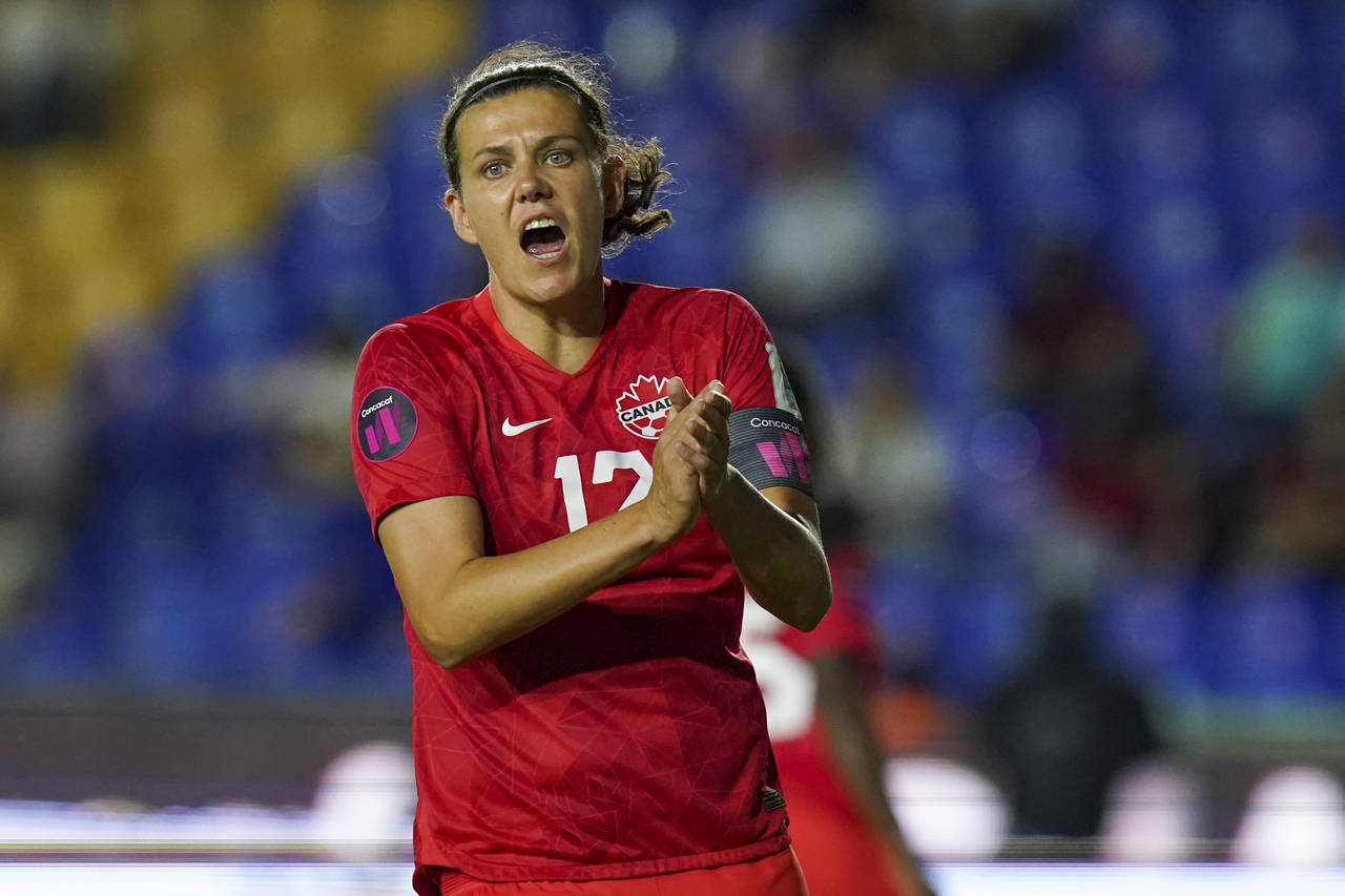 Canada's Christine Sinclair reacts during a CONCACAF Women's Championship soccer semifinal match ag...
