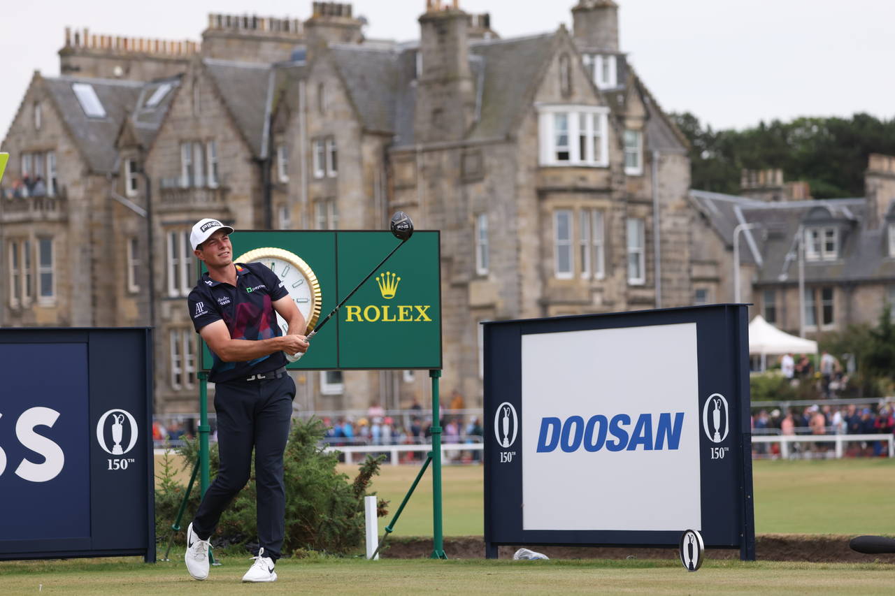 Viktor Hovland, of Norway, plays from the 2nd tee during the final round of the British Open golf c...