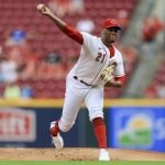 
              Cincinnati Reds' Hunter Greene throws during the first inning of a baseball game against the Miami Marlins in Cincinnati, Tuesday, July 26, 2022. (AP Photo/Aaron Doster)
            