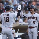 
              Arizona Diamondbacks' Carson Kelly (18) is congratulated by Josh Rojas (10) after Kelly's two-run home run against the San Diego Padres during the fifth inning of a baseball game Saturday, July 16, 2022, in San Diego. (AP Photo/Derrick Tuskan)
            