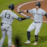 
              New York Yankees' Josh Donaldson, right, celebrates with Joey Gallo after hitting a solo home run off Pittsburgh Pirates starting pitcher Mitch Keller during the sixth inning of a baseball game in Pittsburgh, Wednesday, July 6, 2022. (AP Photo/Gene J. Puskar)
            